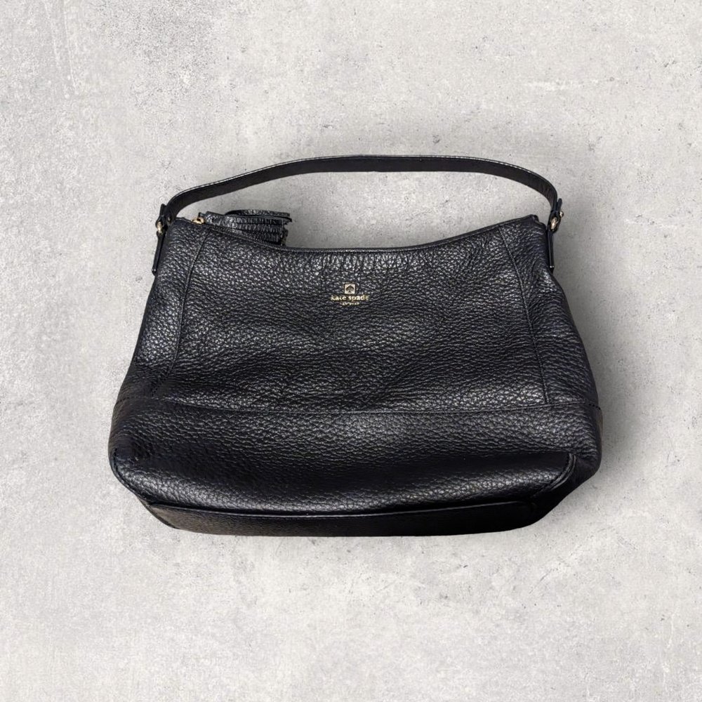 Kate Spade New York Womens Shoulder Bag Purse Black Pebbled Leather Tassel
